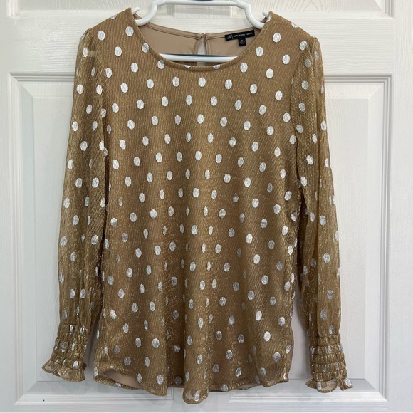 Adrianna Papell Womens Medium Metallic Gold With Silver Polka Dot Shirt Blouse - Picture 1 of 12